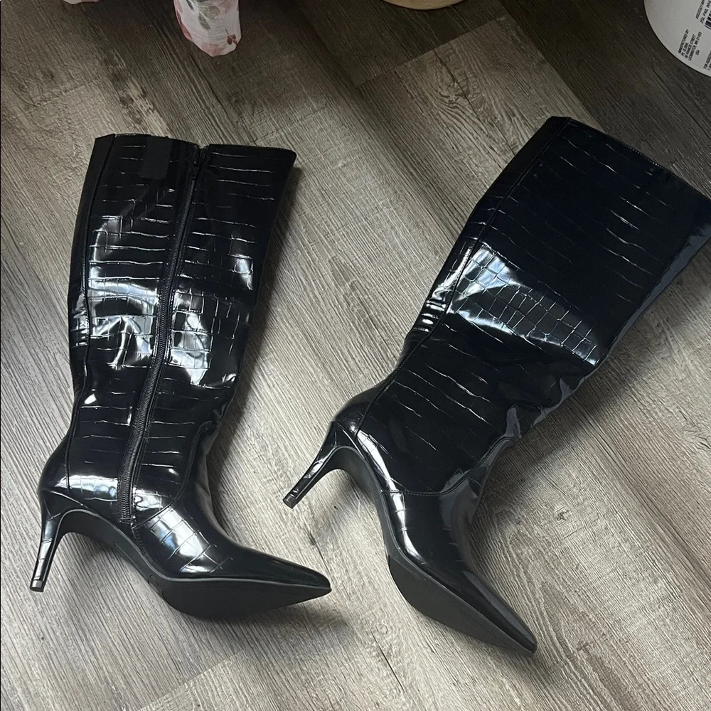 Worthington Glossy Black Croc-Embossed Heeled Boots - Picture 3 of 3